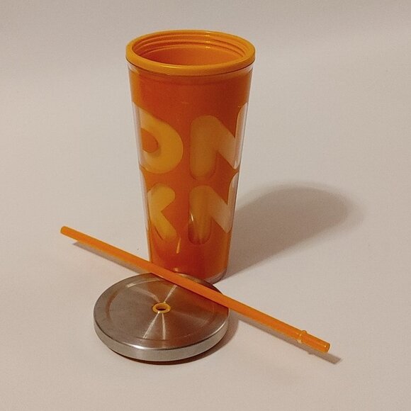 FUN DUNKIN Dunkin Donuts Travel Mug Cold Cup Steel Lid with Straw Orange - Picture 1 of 11